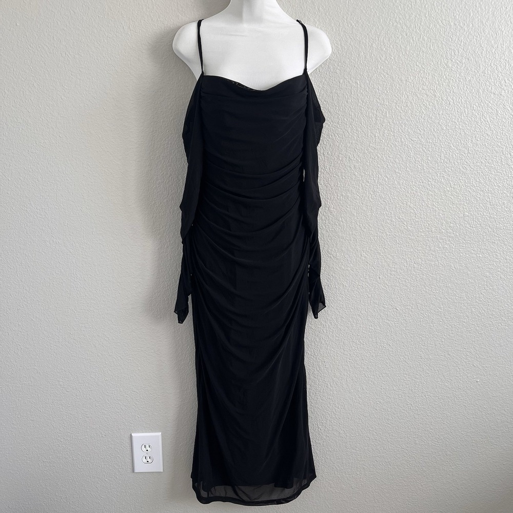 Women's Large Black Ruched Midi Dress Sheer Lined Gown Draped Whimsigoth